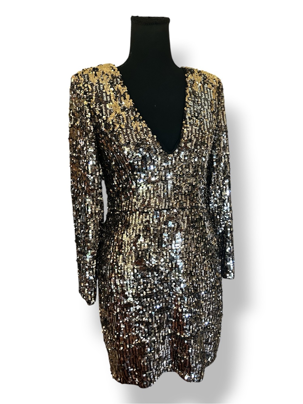 AIDEN MATTOC Gold Sequin V-Neck Mini Dress Long Sleeve Party Dress 0 NWT